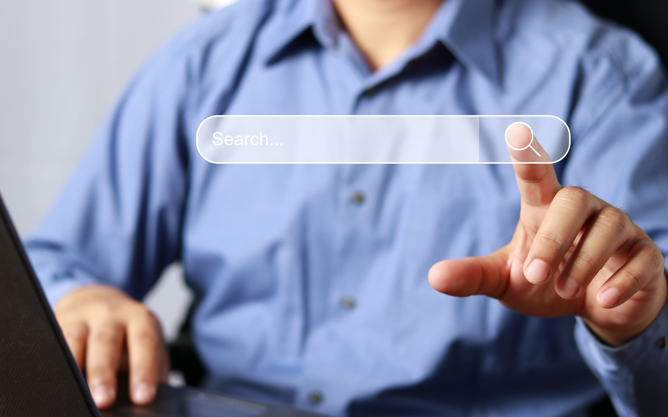 Searching Browsing Internet Data Information Networking Concept, Data Search Technology Search Engine Optimization, Male hand pressing Search button.